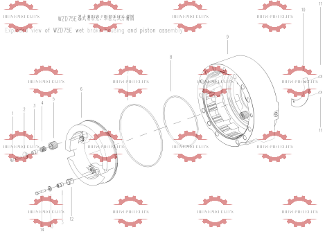 Wet brake housing and piston assembly